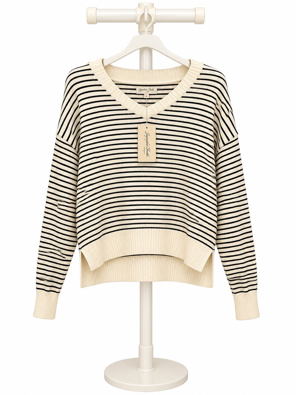 Universal Thread Cream and Black Striped V-Neck Sweater